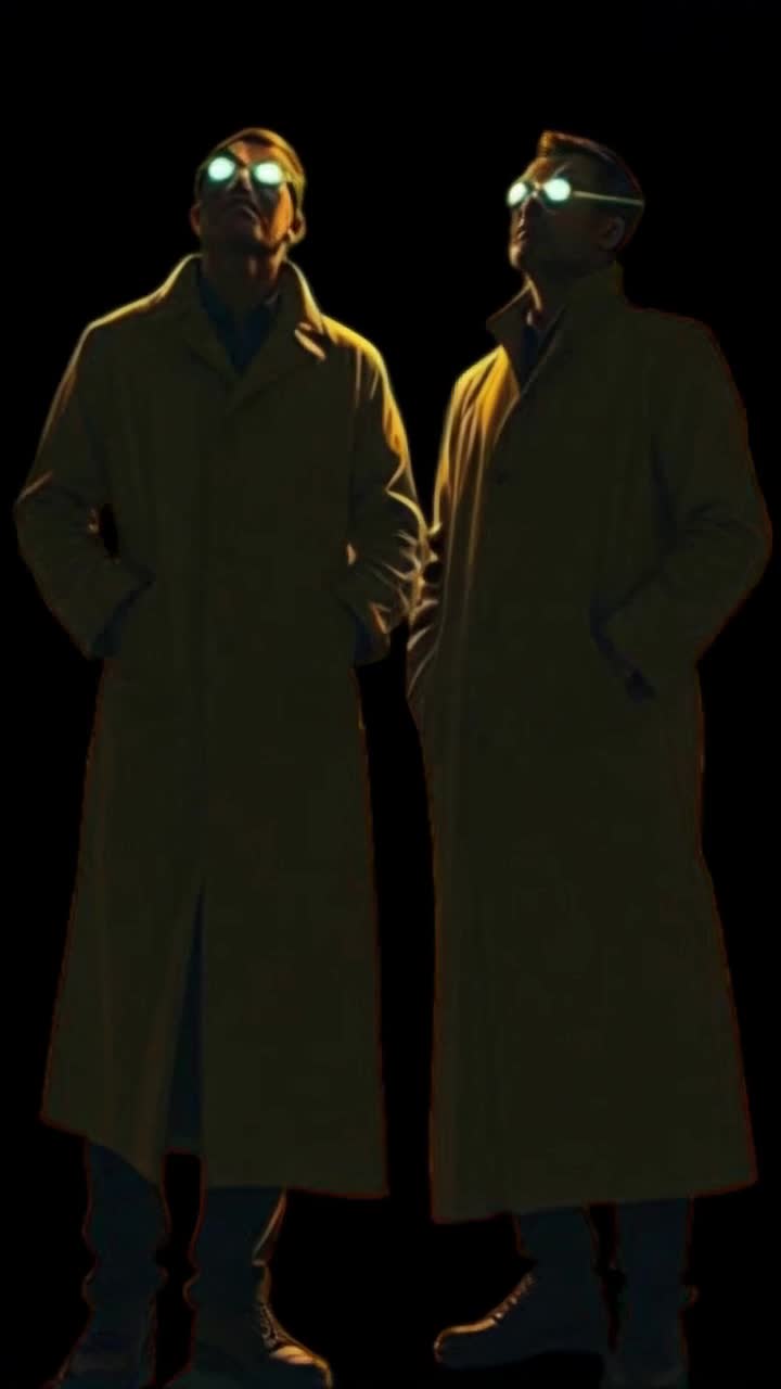 Two men in long trenchcoats each sporting vibrant glowing thick glasses their heads both scanning the black night sky in unison moving their heads side to side gazing into the dark night sky of countless stars above silhouettes of majestic mountain silhouettes landscape in background with beams of powerful searchlights pierce up from the mountain ranges shining through the darkness illuminating the sky with dramatic intensity dark atmosphere synchronized movements 