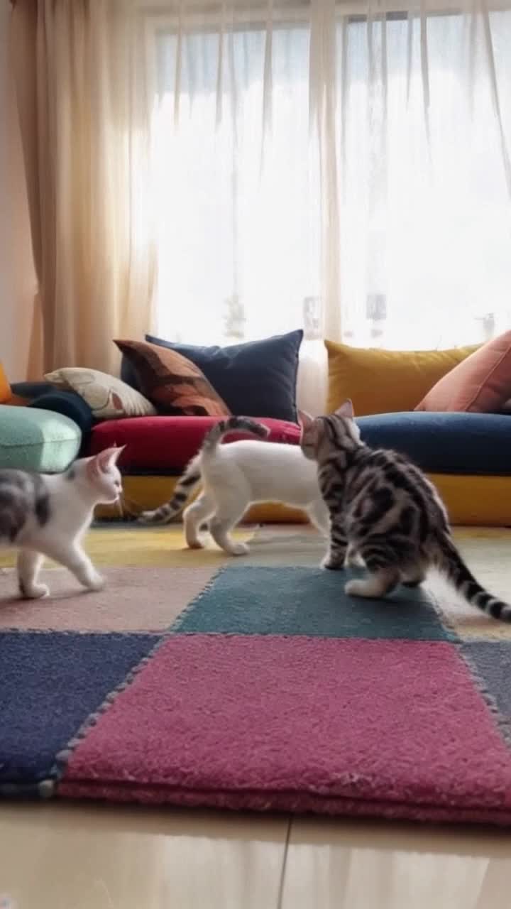 playful kittens twirling gracefully leaping joyfully vibrant living room filled with colorful cushions sunlight streaming through sheer curtains soft music playing in the background