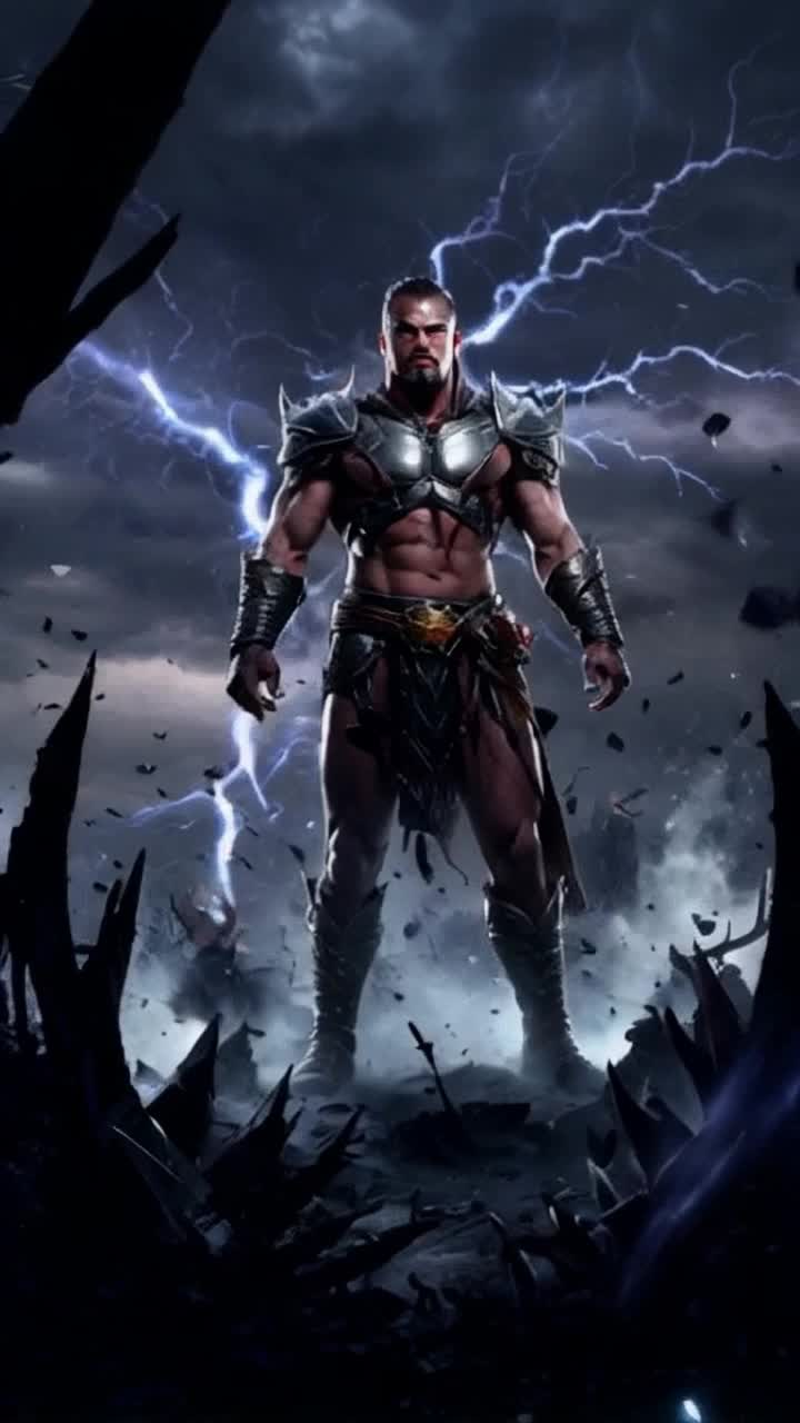 Mighty warrior standing tall emanating a radiant aura striking epic hero poses surrounded by swirling debris showcasing robust muscles Amid fierce lightning illuminating chaos jagged silhouettes of defeated foes littering ground dark clouds roiling above creating a dramatic tempest of energy reinforcing fierce determination in the warrior's eyes flash of lightning capturing the intensity of battle adding to the overwhelming atmosphere of defiance and strength