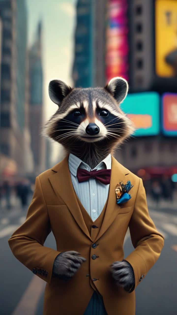Dapper raccoon wearing a tailored suit adjusting its bow tie Looking confidently at the camera Standing in a bustling city street adorned with vibrant billboards and pedestrians going about their day
