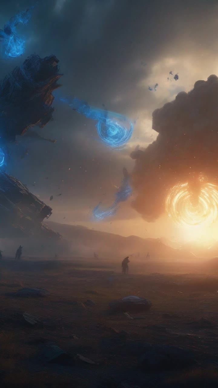 High vibrational warrior radiating energy charging with intensity sending a spiraling vortex of brilliant blue light towards a cluster of defeated foes overcast battlefield drenched in shadows remnants of battle scattered debris swirling with the energy of struggle twilight sky illuminating the scene with an otherworldly glow