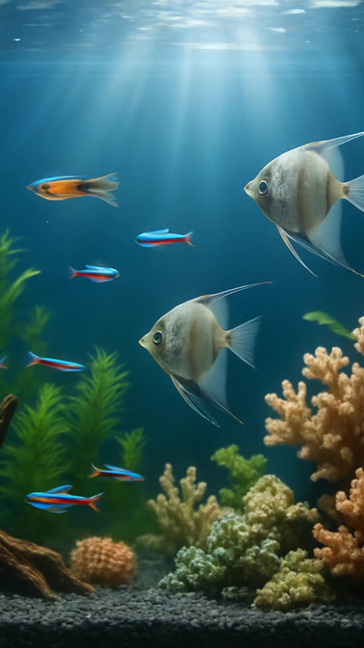 A crystalclear, realistic fish tank filled with vibrant tropical fishneon tetras, angelfish, and guppiesswimming calmly Naturallooking coral, driftwood, and swaying green plants fill the tank Soft blue and white LED lighting mimics daylight, with sunbeams filtering through the water and creating shimmering patterns Tiny air bubbles rise from a hidden filter, and the camera glides smoothly past fish and dcor, capturing the peaceful, lifelike underwater world in stunning detail
