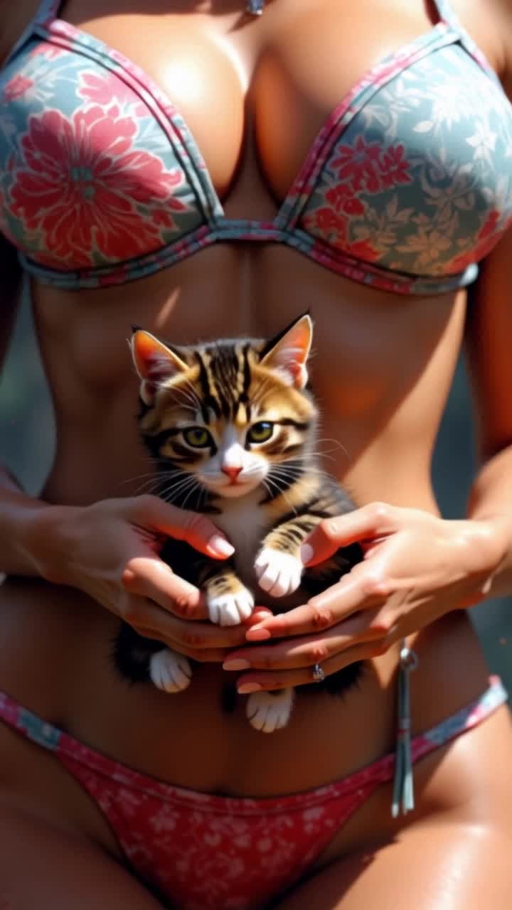 cuddling with a cute kitten, bouncing and having fun