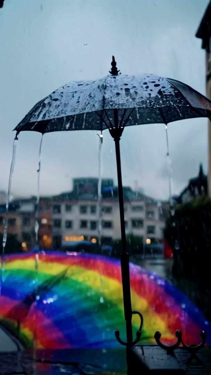 Colorful raindrops shimmer like jewels cascading in a gentle rains Umbrella silhouette stands tall capturing vivid reflections of rainbow lights Dancing reflections play against a softfocus cityscape glistening with vibrancy as droplets descend creating a magical symphony of color