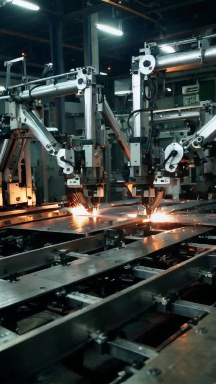 Robotic machines glistening with chrome precision assembling enormous metal panels dynamic movements in perfect sync ominous alerts blaring through synthetic atmosphere intensifying urgency surrounding the factory floor illuminated by harsh fluorescent lights sparks flying in rhythmic bursts creating an electrifying dance of industrial might machinery humming with relentless determination atmosphere thick with focus and energy