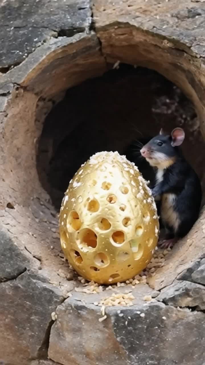 A mouse that looks like Harry Potter is running toward the Golden dragon egg that is made of a solid oval egg shape of swiss cheese, with the holes in it, in a bouldery enclosure where other mice excitedly watch, looking down, they wear the Hogwarts school costumes of black robes
