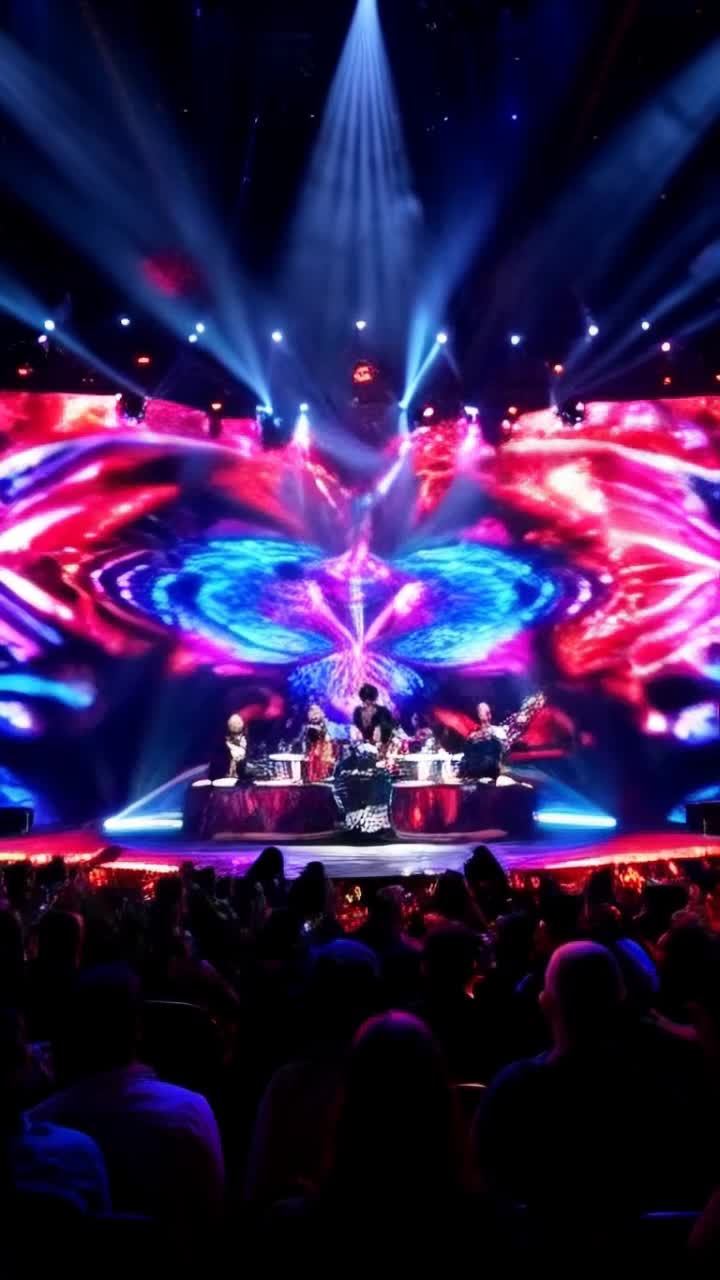 The rock band TOOL captivating audience with powerful performance of Lateralus pulsing energy flowing through instruments vibrant sacred geometry patterns illuminating galactic stage swirling cosmic colors creating mesmerizing laser light show stars twinkling in background ethereal nebulae adding depth to atmosphere electric connection between musicians and crowd transcendent experience uniting sound and vision