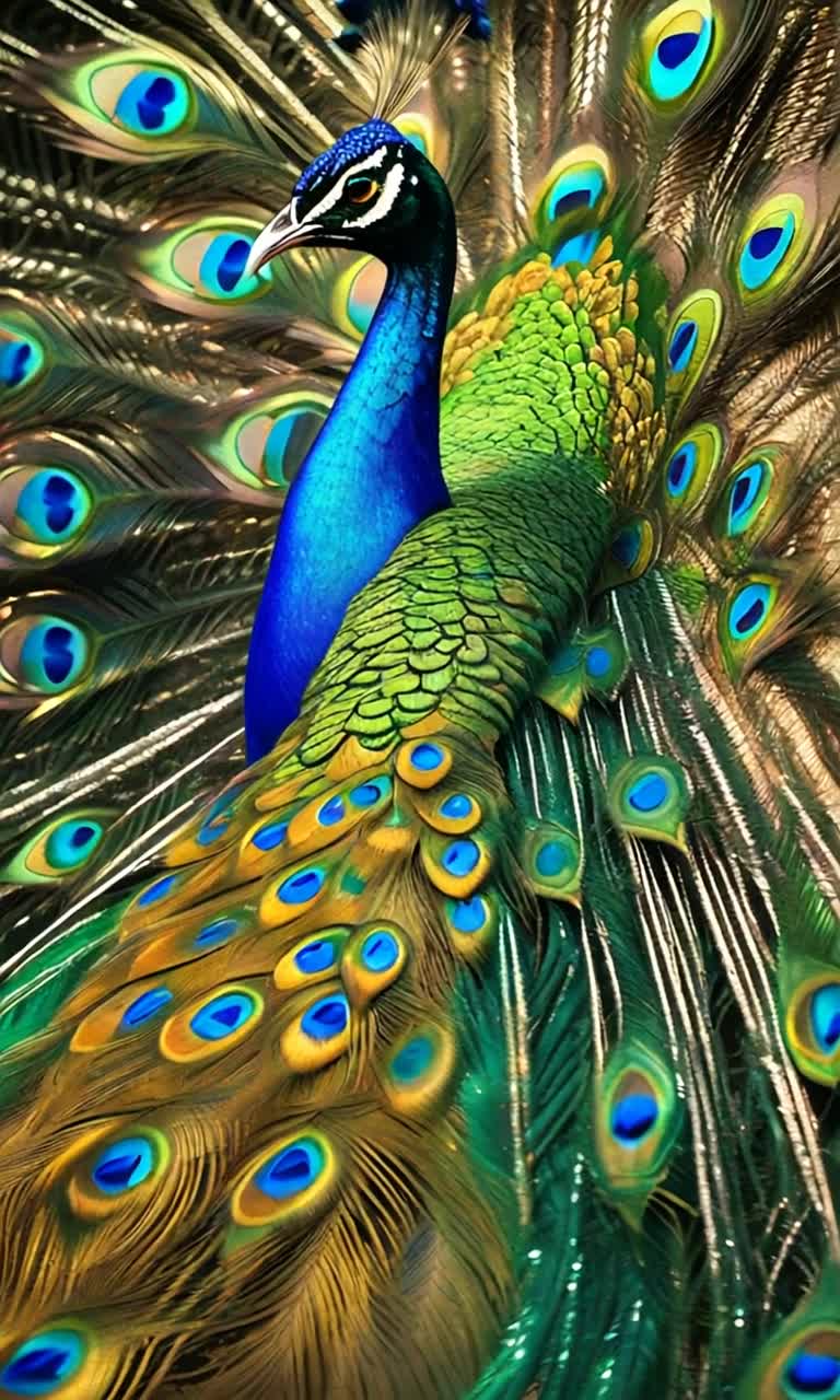 Majestic peacock flaunts resplendent iridescent feathers radiating vibrant blues greens and golds Tail feathers shimmer captivatingly beneath dazzling sunlight each eyespotted plume swaying gracefully mesmerizing enchanted spectators Lush garden flourishes with vibrant blossoms dancing softly in a gentle breeze leaves whispering creating a serene enchanting ambiance Golden rays cascade through leafy branches casting playful shadows over striking petals