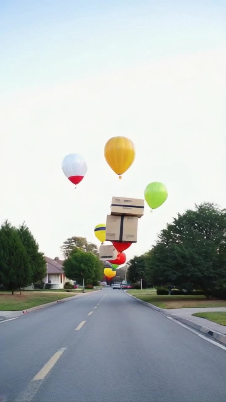 Objects lifted by balloons Courier boxes tied together lifted by a bunch of led colourful balloons flying over a traffic city road and is heading towards a house to be delivered 