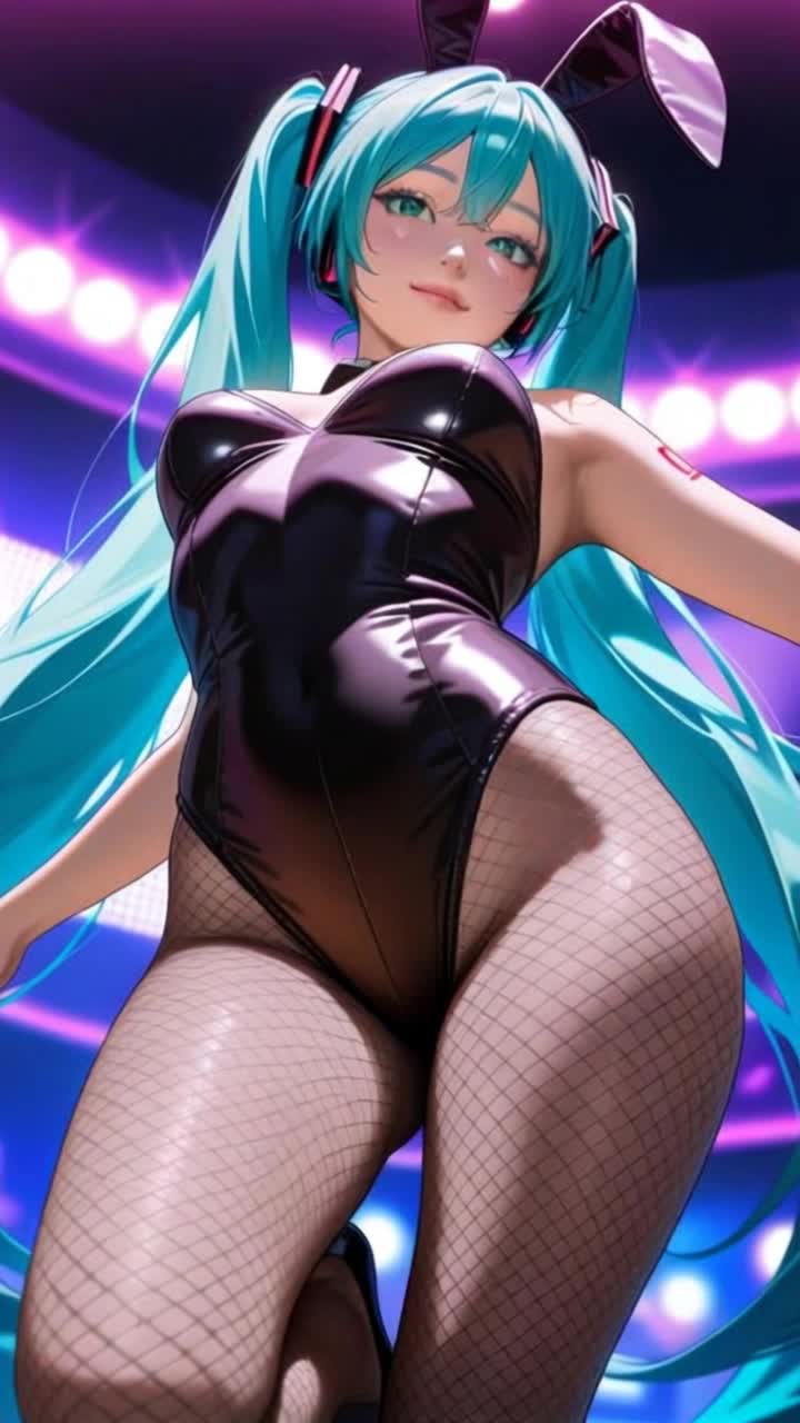 Hatsune Miku dances in an alluring style as she looks downward at the viewer.