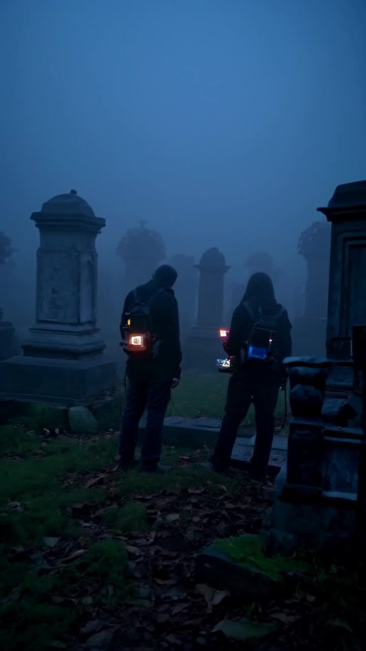 Two paranormal investigators in a foggy cemetery