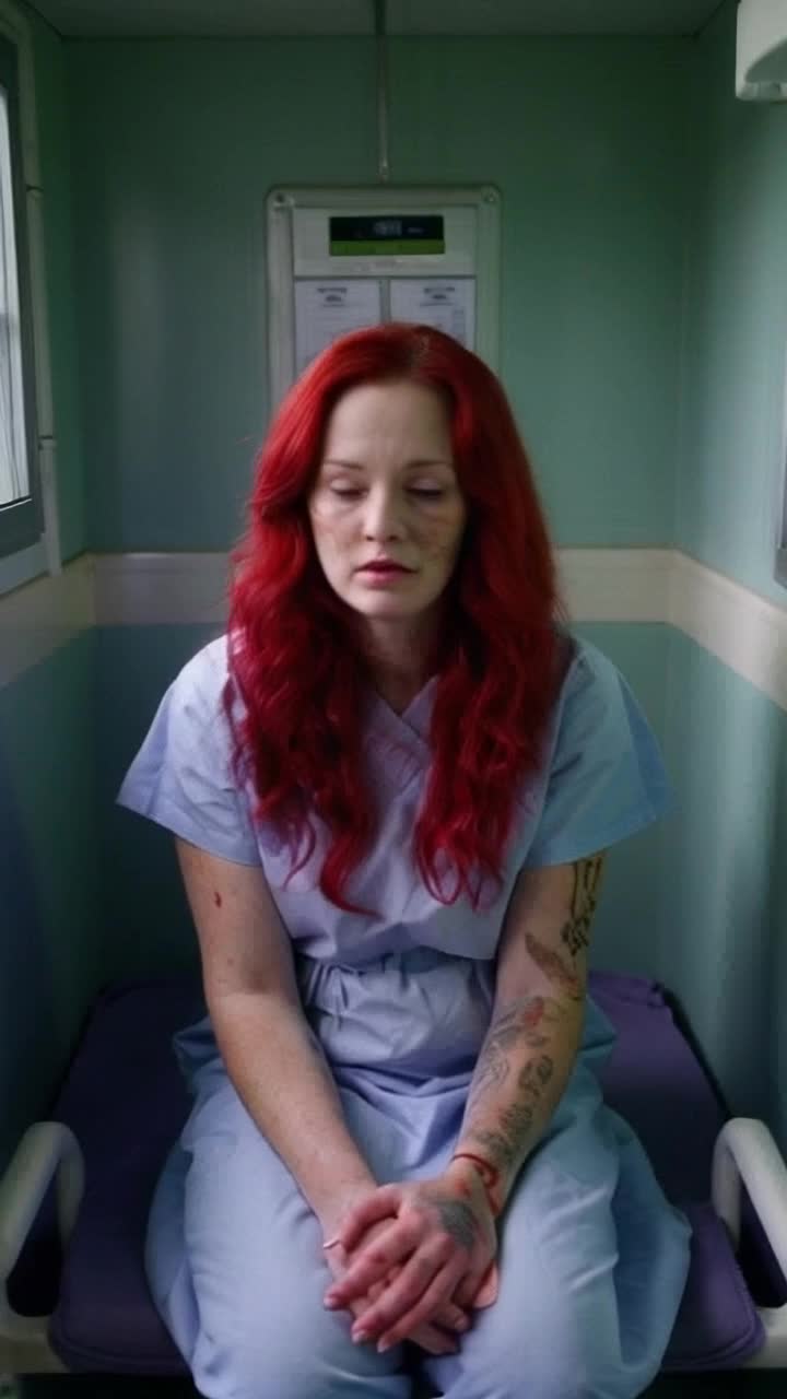 a beautiful redhead woman with scars on her arms in a padded cell in a psych ward