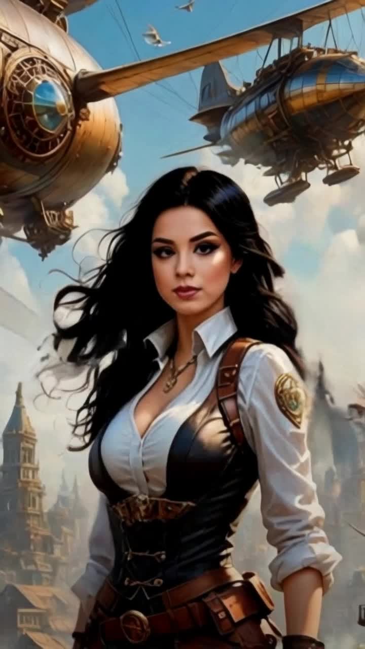 Graceful woman adorned in flowing silks gliding through ancient cobblestone streets beneath towering stone structures with intricate carvings Zeppelin drifts majestically overhead casting shadows as it sails across the vibrant blue sky Gentle breeze dances through her hair creating an ethereal atmosphere filled with whispers of history and adventure