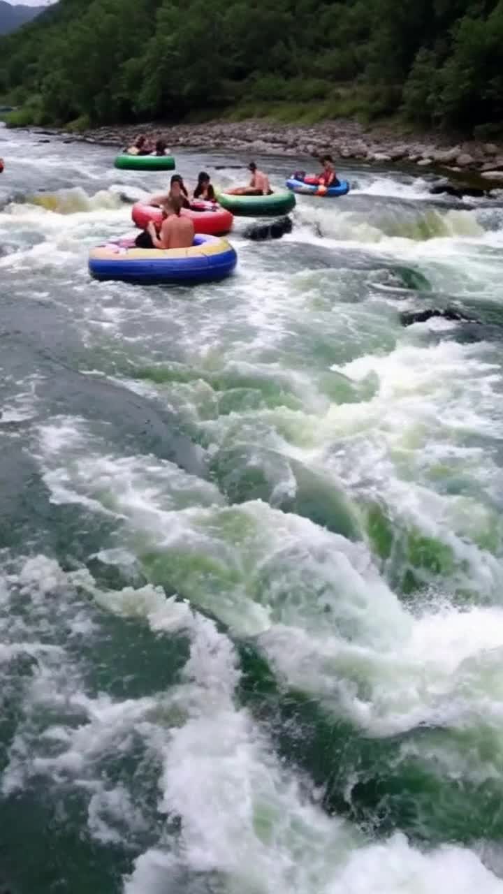 a group of friends are happily riding a convoy of multicolored innertubes down a swift river of turbulent water