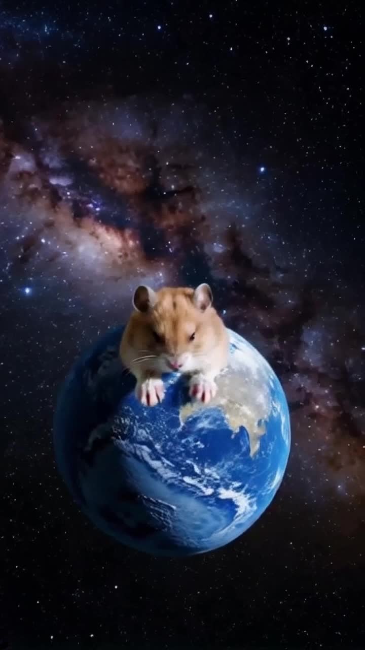 A giant hamster uses the planet Earth as a pillow, the far off sun and closer moon are but tiny night lights in its bedroom of the milky way of space