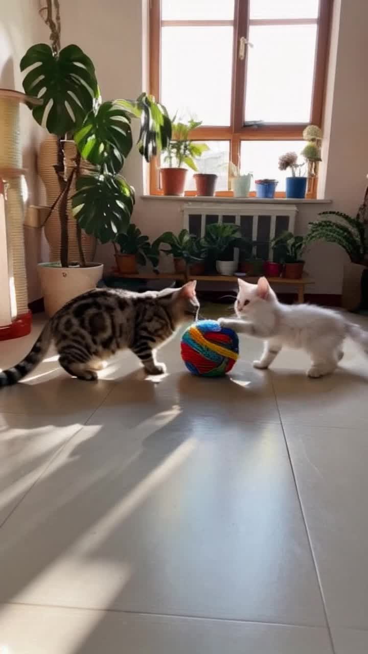 Graceful tabby cat frolicking adorable fluffy kitten pouncing energetically on a colorful ball of yarn Soft sunlight streaming through a window casting playful shadows on a cozy living room filled with potted plants and scattered toys