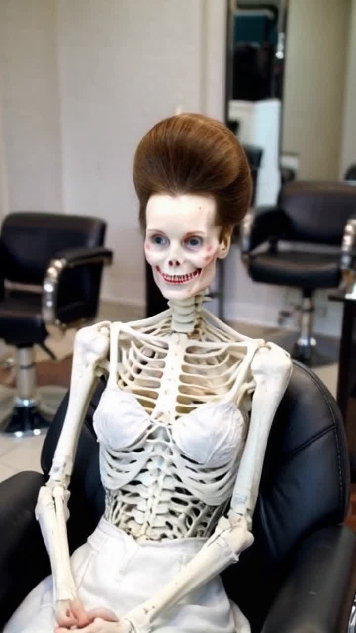Skeleton woman with a 50s style beehive hair, seated in a salon chair 