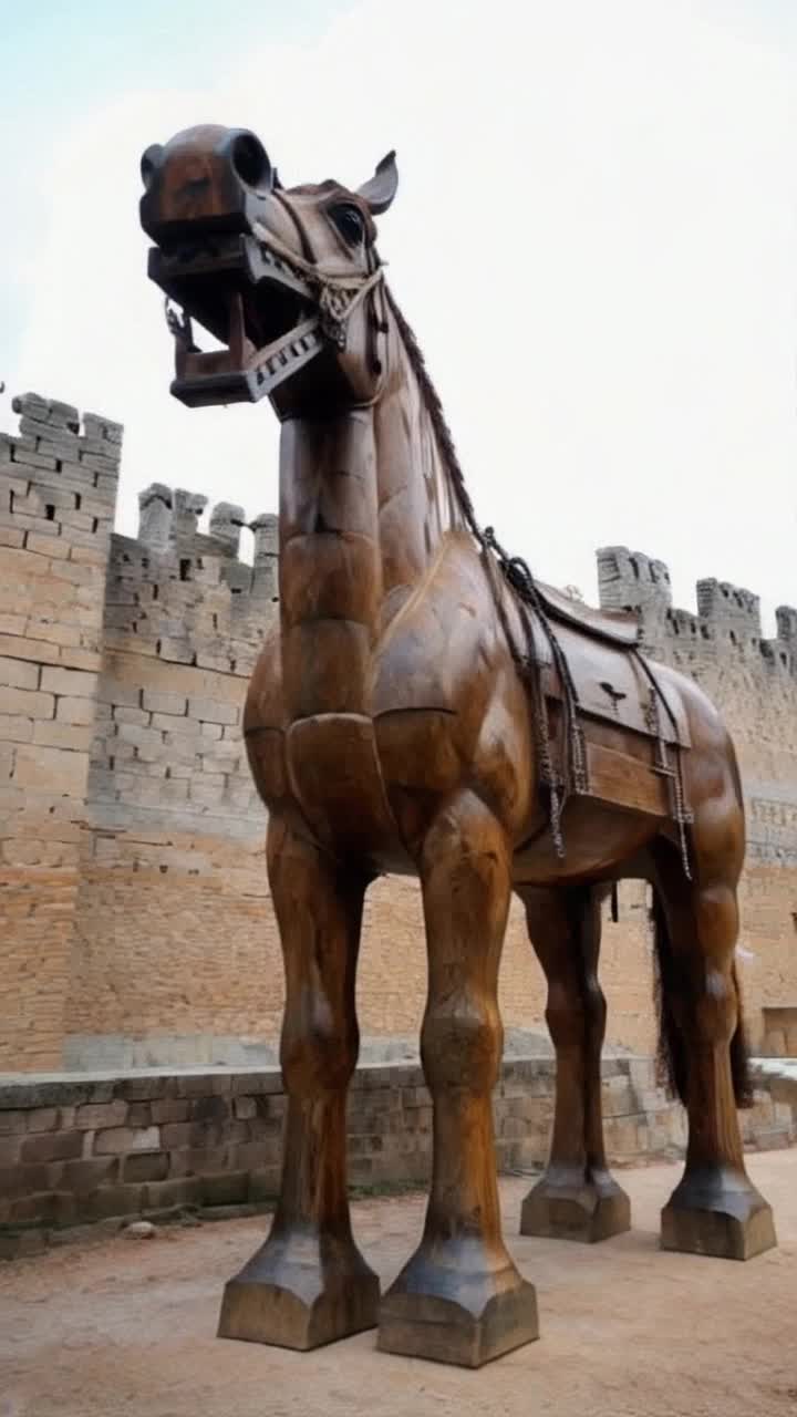 Front view of a giant wooden Trojan horse being offered outside of a fortress, mouth is slightly open for air so the warriors that can be seen inside have a tad more ventilation than the few air holes hidden from adversaries that will not look a gift horse in the mouth