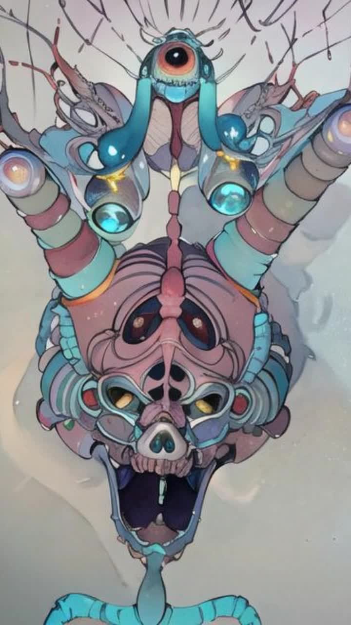 Multidimensional extraterrestrial being with countless blinking eyes filled with prism like pupils its jaw lowering as it laughs toward viewer slowly opening its mouth further with each laugh