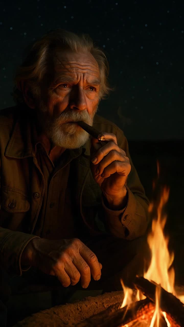 A old man sitting beside a campfire at night smoking a cigar