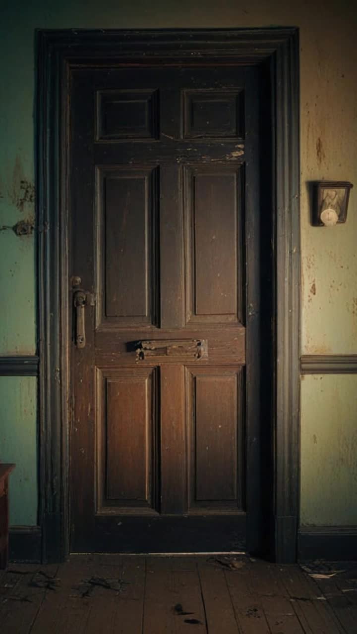 A decaying nursery door, slightly ajar, in a forgotten wing of an old estate The wood is warped and splintered, claw marks faintly etched into its surface A pale glow seeps from below, casting a faint outline of small feet on the dusty floor Beyond the door, shadows moveslow and uncertainlike a memory trying to take shape Faint fingerprints mark the walls, and a onceloved teddy bear lies facedown nearby The air is heavy with sorrow and the soundless echo of a voice, full of longing and betrayal Gothic, ghostly, and heartbreakingly mournful
