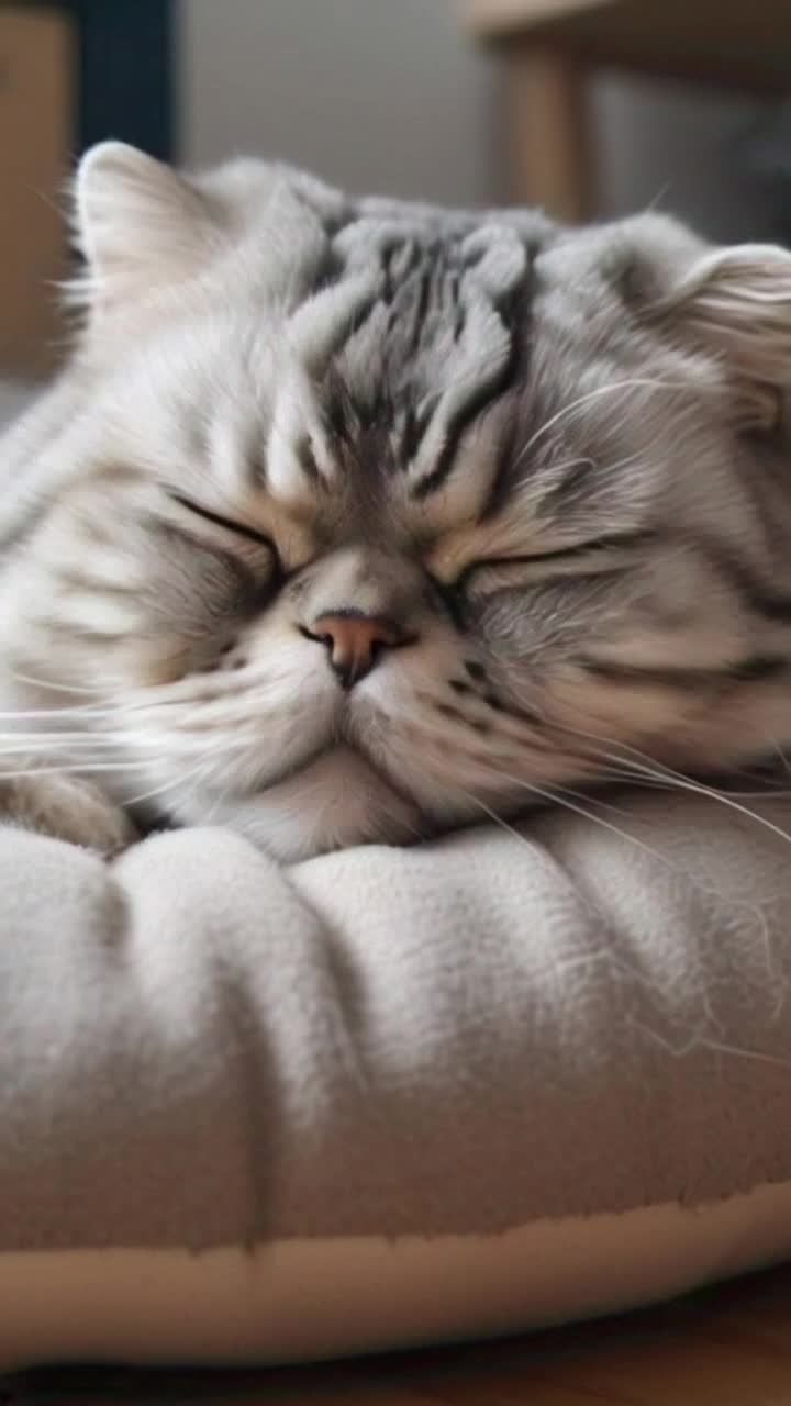 Charming feline with a deeply wrinkled face nestled on a colorful knitted blanket gently dozing off Radiant sunlight filters through a nearby window casting warm golden rays illuminating soft fur and creating a serene atmosphere Cozy room adorned with houseplants and vintage decor exudes tranquility as the tranquil purring echoes softly in the background