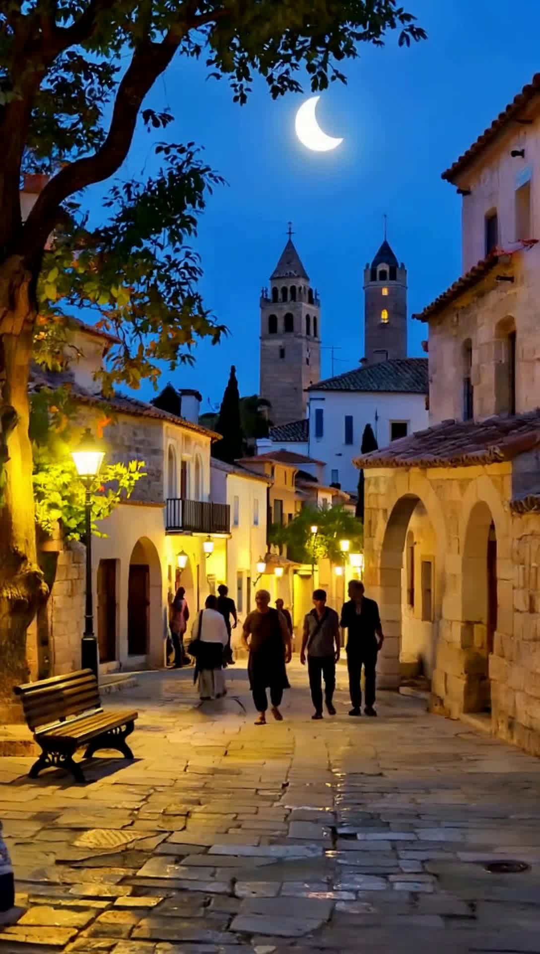 an ancient greek town in peace under the night sky with a crescent moon
