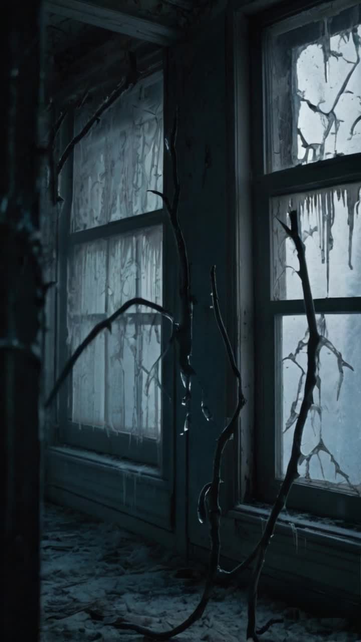 Damp corridor shrouded in shadows stretches through a longabandoned manor Walls adorned with peeling paint tell tales of forgotten times Floor groans and shifts beneath a spectral breeze Bluish mist rises from the end coiling like a ghostly serpent Cold frost creeps across warped floorboards curling around shattered windowpanes Unseen chill manifests into hauntingly elegant limbs every surface glimmering with frozen dew Atmosphere thick with pervasive dread echoes a history long buried Gothic architecture looms ominously in wintry stillness Light dances through cracks illuminating haunting details creating an epic cinematic experience