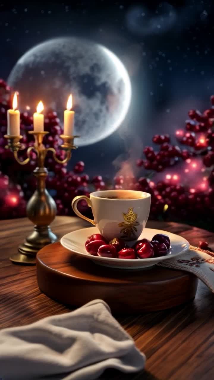 The warm, inviting 3D rendering captures a cherished moment a steaming cup of aromatic coffee decorated with a golden Ukrainian trident stands on a wooden stand with a candelabra casting a soft shimmering light on a saucer of cherries glistening under a sugar veil In the background, a cherry grove shimmers under the glow of a thin crescent moon and starlight, and a delicate haze of fog adds an unearthly touch An embroidered napkin lies gracefully under the saucer, symbolizing a carefree evening filled with poetic warmthTranslated with DeepLcom free version