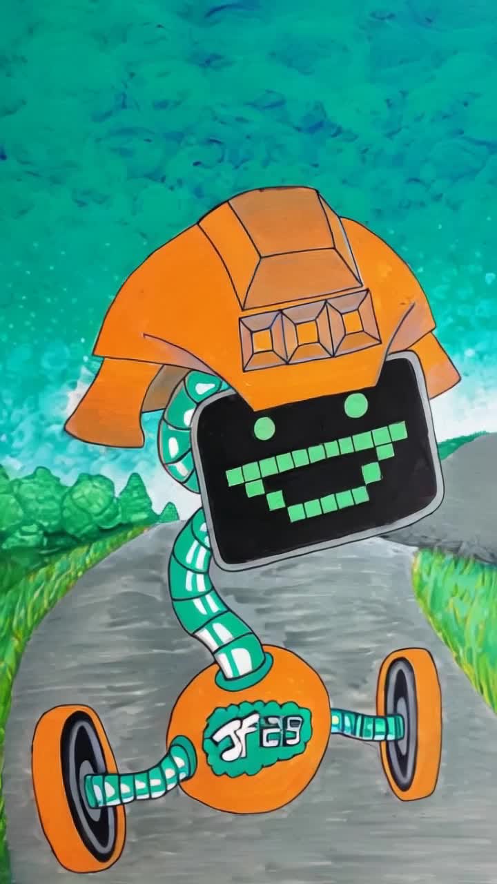 Colorful work robot zipping along pavement wheels glinting in sunlight swift movements radiating energy Surrounding vibrant cityscape bustling with pedestrians lively cafes flowerfilled parks shimmering skyscrapers reaching towards sky