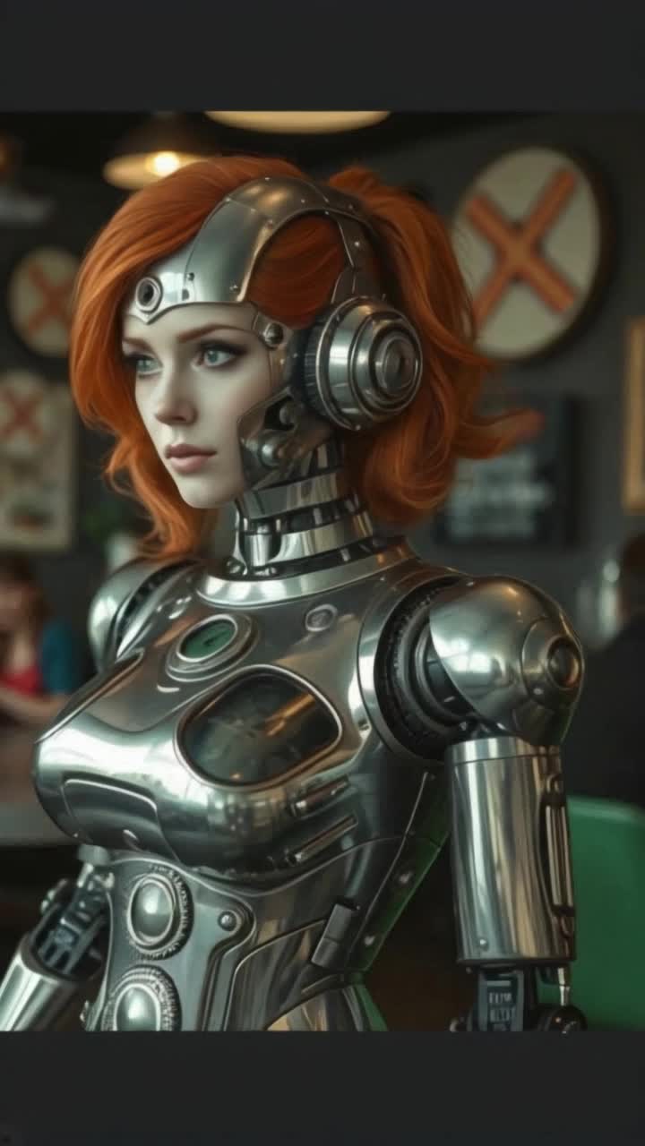 A beautiful red head woman, as a robot, siver metal and working gears visually as her body, she angrily walks, a Tim burton background, shes angrily saying goodbye to her good side and hello to her evil side