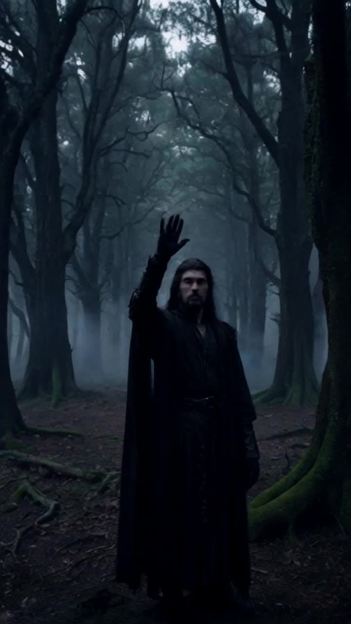 YuckMysterious figure cloaked in deep shadows emerges silently from obscurity One hand raised to shush an unseen crowd while piercing eyes glimmer with intrigue Enigmatic forest surrounds figure with twisting trees heavy with ancient secrets as mist clings to the ground in a captivating dance