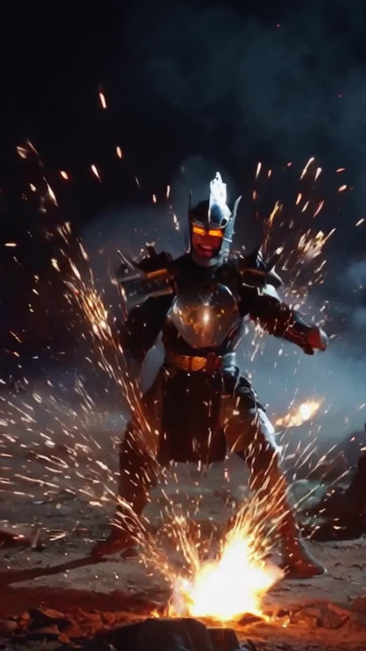 Vibrant warrior clad in shimmering armor exuding a fierce aura emanating laughter and energy Engulfing chaos surrounds as he dances through swirling fog on electrifying battlefield Lights flicker with intensity each strike sparking bursts of brilliance as determination radiates from every move