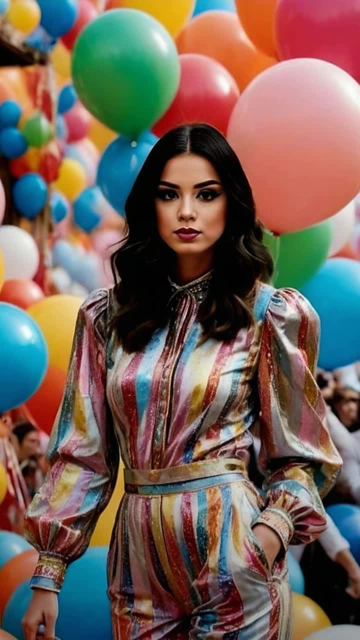Graceful woman in flowing gown surrounded by vibrant balloons dancing in the air shimmering in sunlight Hair cascading elegantly down her shoulders as she twirls playfully among the floating colors Festive park setting adorned with lush green grass and blooming flowers creating a whimsical atmosphere Soft breeze rustles leaves overhead as laughter echoes in the background inviting joy and celebration