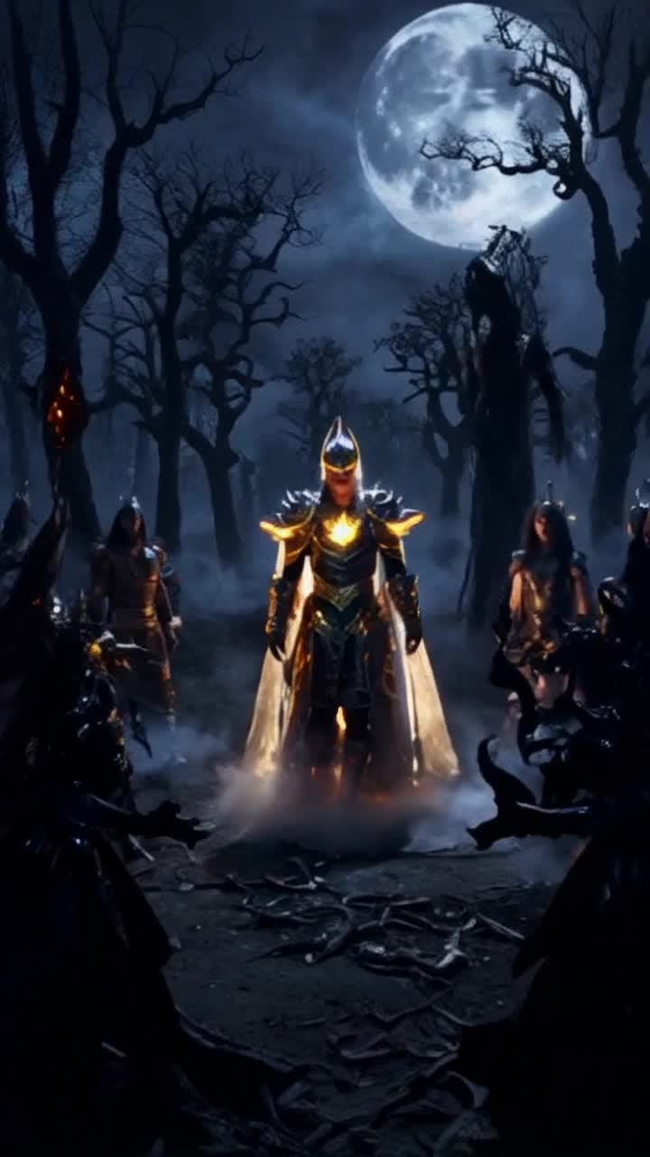 Radiant warrior exuding vibrant energy armor gleaming with golden light Shadowy figures of energy vampires and narcissistic demons lunging forward with malevolent grace Twisted trees silhouetted against a moonlit sky swirling mist enveloping the battleground ominous echoes of whispered taunts filling the air