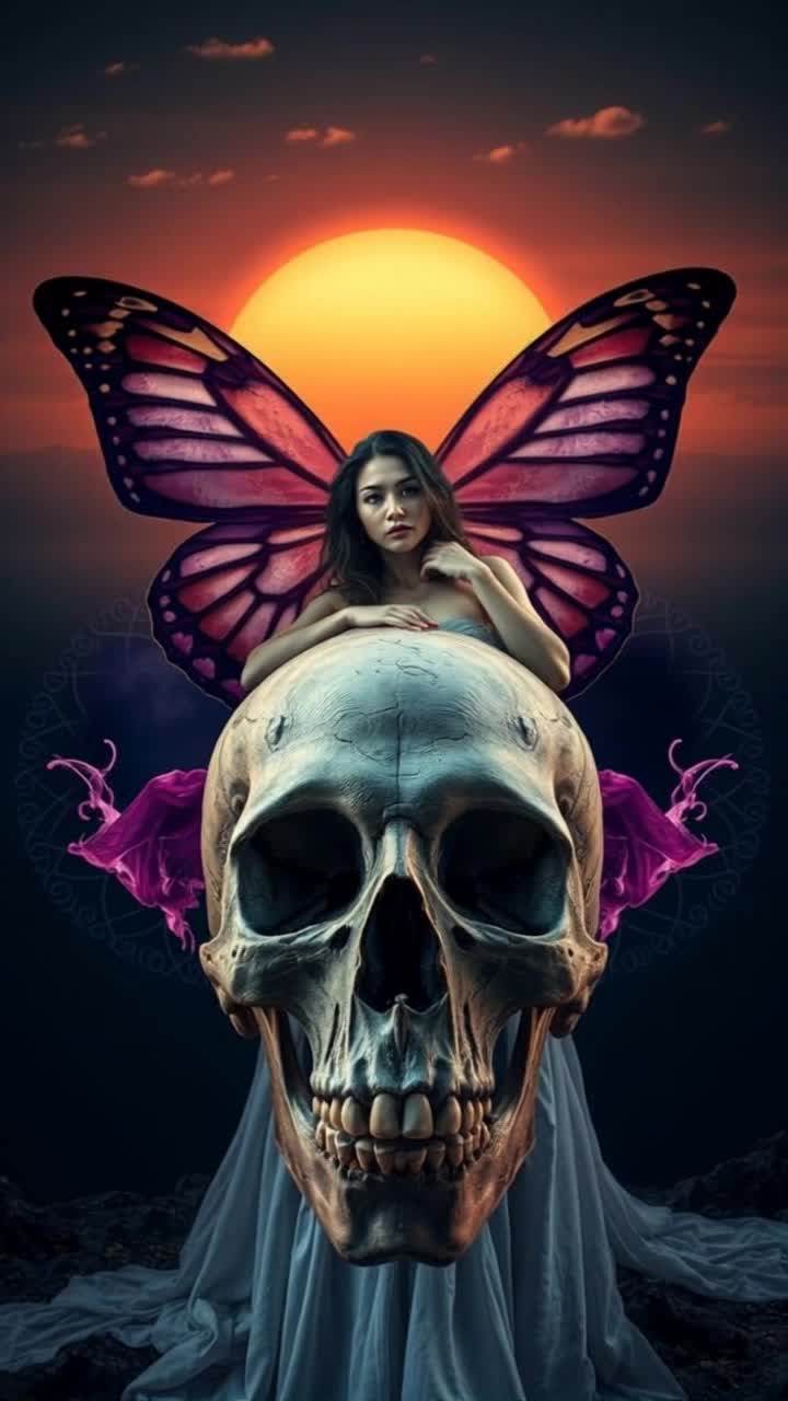 Brunette fairy with flowing wavy hair vibrant purple butterfly wings gripping an enormous skull with both hands soaring gracefully through the sky facing audience  breathtaking sunset painting the horizon in hues of orange and pink as she ascends her silhouette gradually shrinking against the vibrant backdrop jaw of the skull detaching midflight cascading down towards the earth below creating a stunning visual contrast as it tumbles through the air wings shimmering in the warm light