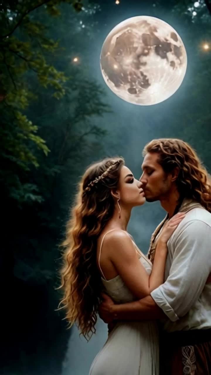 Elegant woman draped in flowing silver gown with sparkling details standing close to strikingly handsome man  in tailored suit  They share a tender embrace gazing into each others eyes surrounded by whispering trees   Moonlight bathes the forest in a soft glow illuminating delicate leaves and casting enchanting shadows on the forest floor