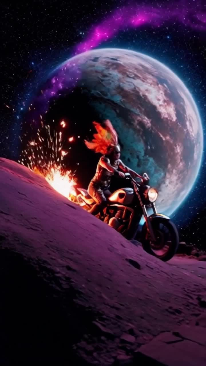 Futuristic motorcycle glistening with sleek metallic design vibrant cybergothic lady adorned in intricate tattoos wild hair swirling like flames Launching into the air performing breathtaking wheelies executing thrilling stunts at exhilarating speed Escaping from a pulsating wormhole bursting with electric colors Cosmic stars streaking through the dark void weaving a breathtaking tapestry of a distant planet glowing in enchanting purples and blues Enveloping scene in mesmerizing otherworldly atmosphere Sparks flying igniting fires illuminating this spectacular journey through the cosmos