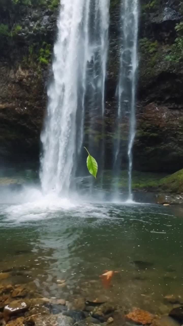 The close up view of a single leaf gently floats on clear blue water, a cute little tropical fish blows bubbles as it stares at the leaf from under it, floating by, as the view widens away, the leaf gets small, teetering on the edge, revealing a dramatic drop of a tropical waterfall, mist rises from the depth, tropical birds fly by, does the leaf go over or will it be saved in this cliffhanger
