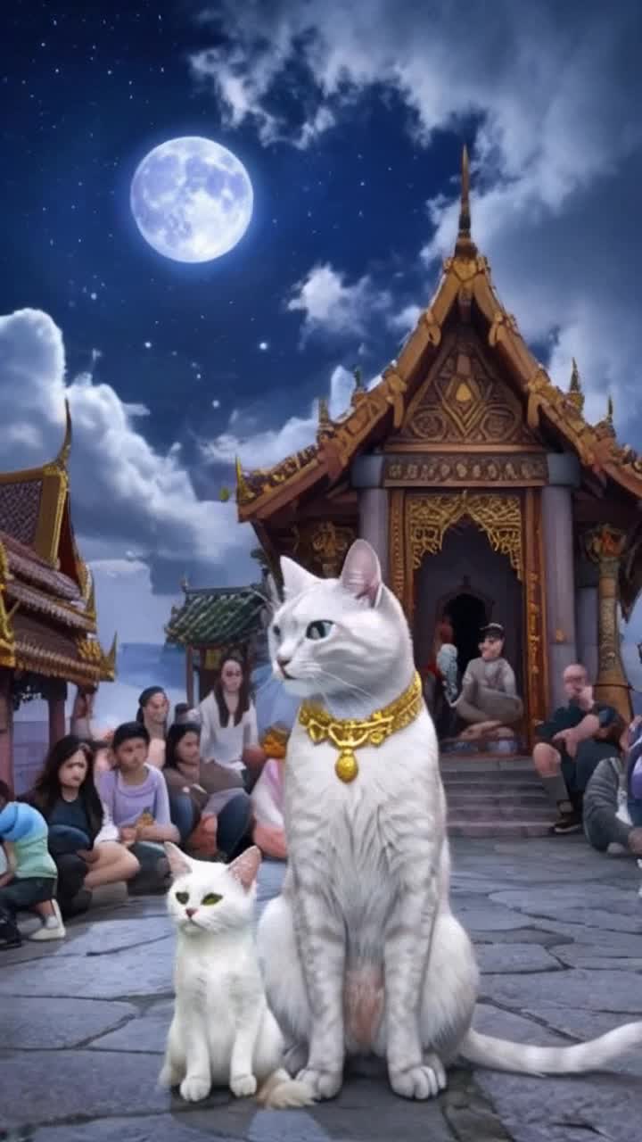 Ek purane shehar ke beech, chaandni raat mein, ek vishal billi, jo Raja Meow ke naam se jaani jaati hai, ek mandir ke paas baithti hai Uska sone ka haar chamakta hai, aur uski aankhon mein ek raaz chhupa hai Shehar ke log, alagalag rangbirange kapdon mein, uske saamne ek chaandni chaadar pe baithkar uski baatein sunte hain Ek chhota safed billi ka baccha Raja Meow ke paas baithkar usse kuch poochta hai Log aadar se sunte hain jab Raja Meow apni jadooi awaaz mein ek purani kahani sunati haiek aisi kahani jo raat ke sannate mein jaadu bhar deti hai Background mein shehar ke chhote ghar aur mandir ke upar chaand chamakta hai, aur halka sa jadooi music bajta hai