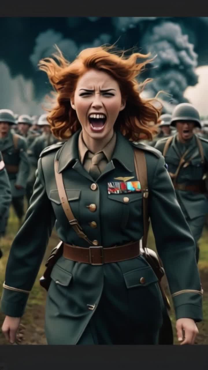 Beautiful red head running up screaming amidst Men marching in world War 2, land mines explode behind her