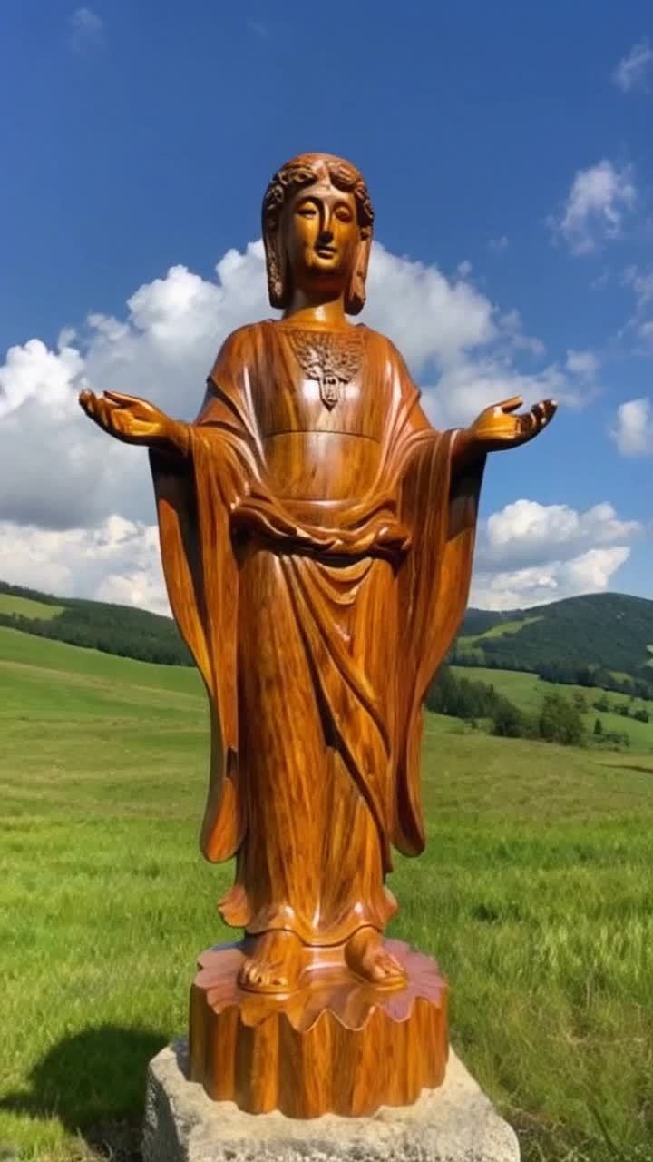 Colorful wooden figure of Jesus standing tall with intricate carvings radiating warmth and vibrancy extending arms in a welcoming gesture surrounded by swirling golden light illuminating a serene pastoral landscape with lush green hills and gentle blue skies dotted with fluffy white clouds creating a peaceful and uplifting atmosphere