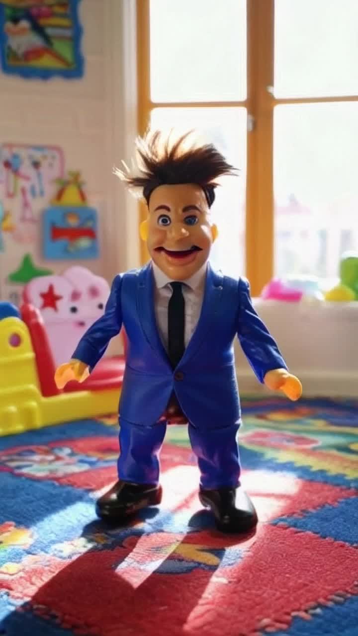 Colorful Donald Trump toy doll with exaggerated features and playful expression bounces joyfully on a vibrant playroom carpet Grotesquely oversized hair flops energetically as it wobbles side to side, showcasing its soft plastic texture Cheerful childrens drawings adorn the walls, bright sunlight streams through a window illuminating the whimsical scene
