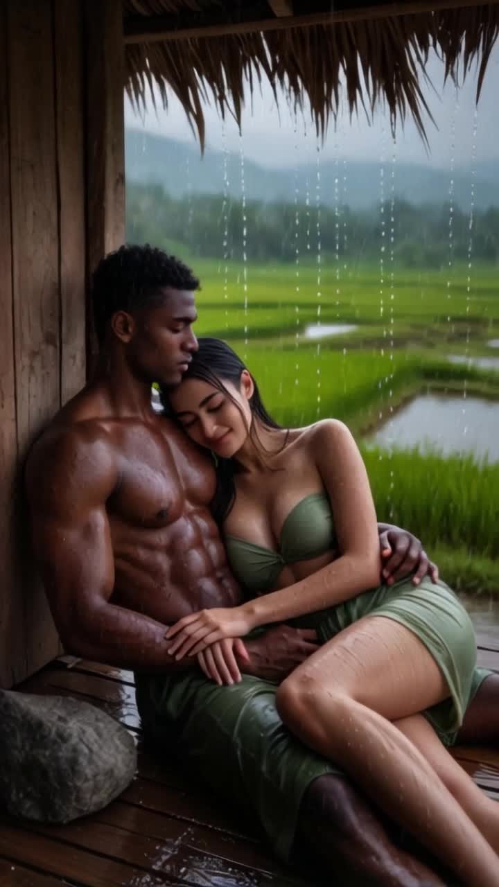 heavy rain, man hugs woman tightly romantically