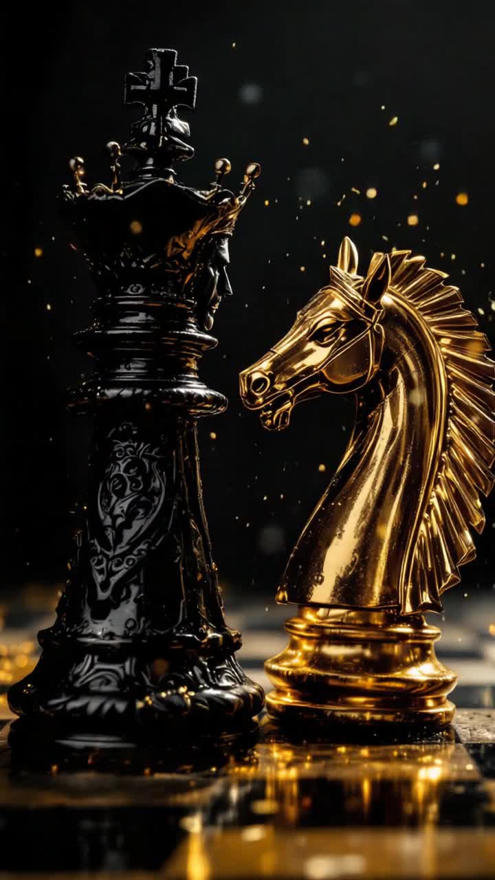 Black and gold chess pieces fighting each other to the death on the chess board 