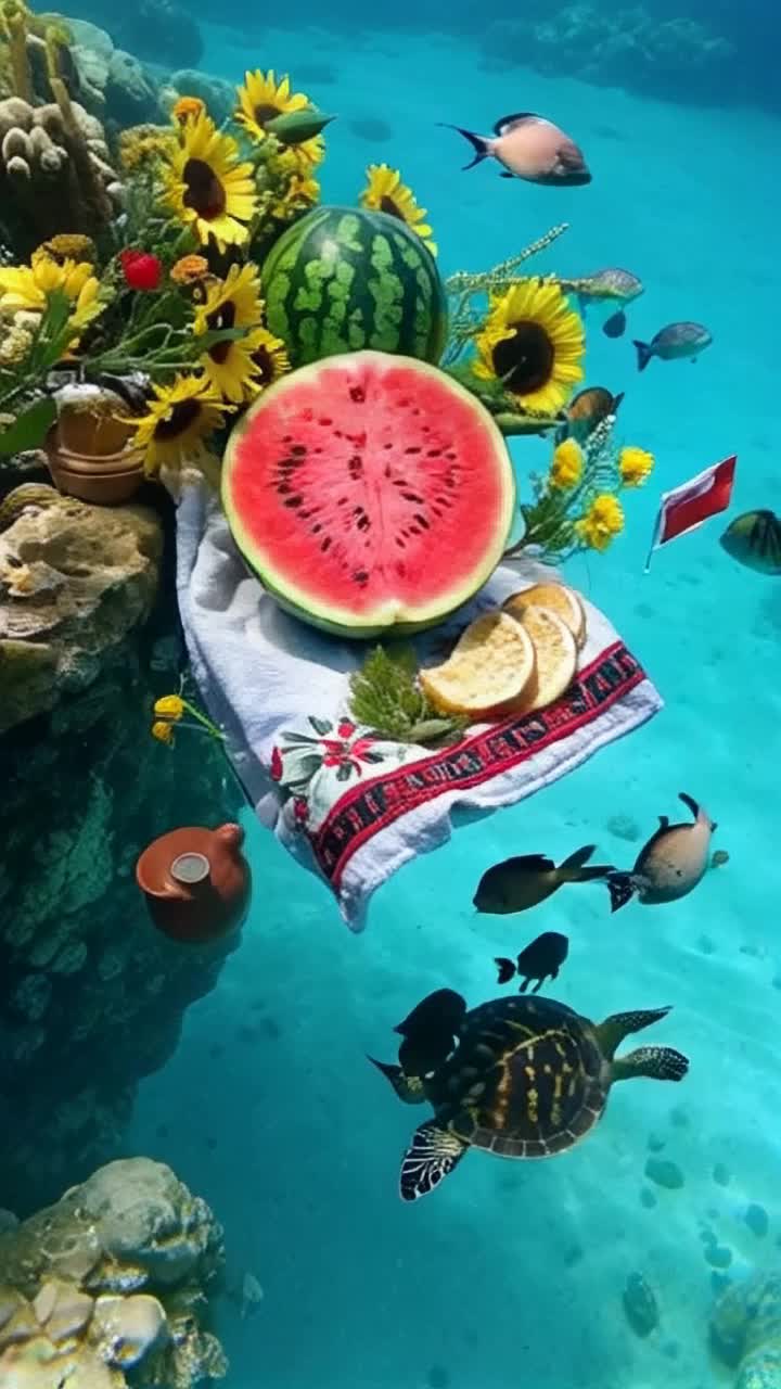  playful seahorses and a hyperrealistic Kherson watermelon cut open to reveal the juicy red core, glossy black seeds lying on a traditional Ukrainian towel, intricate red and black embroidery surrounded by bright golden wheat, sunflowers, delicate viburnum, a small Ukrainian flag, a clay jug, slices of bread floating in crystal clear turquoise water, a vibrant coral reef teeming with playful seahorses, majestic sea turtles, brilliant actinia dancing in warm cinematic light, warm colours that highlight the art of macro realism in 8K resolution