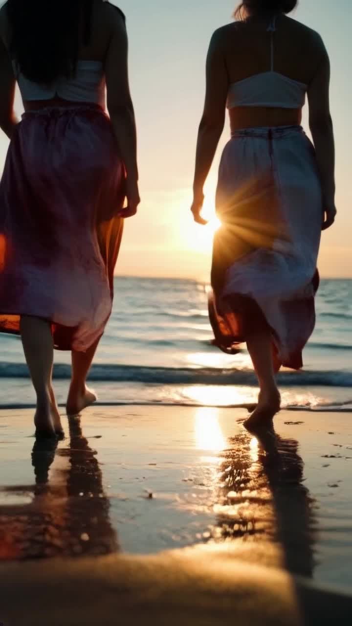 Two women standing side by side at the edge of the sea during sunset, wearing long flowing dark and light skirts The view is from the ocean looking toward the shore, showing gentle waves washing over their toes Low camera angle focused on their steps in the wet sand, soft reflections, wind moving the fabric slightly, peaceful and cinematic mood
