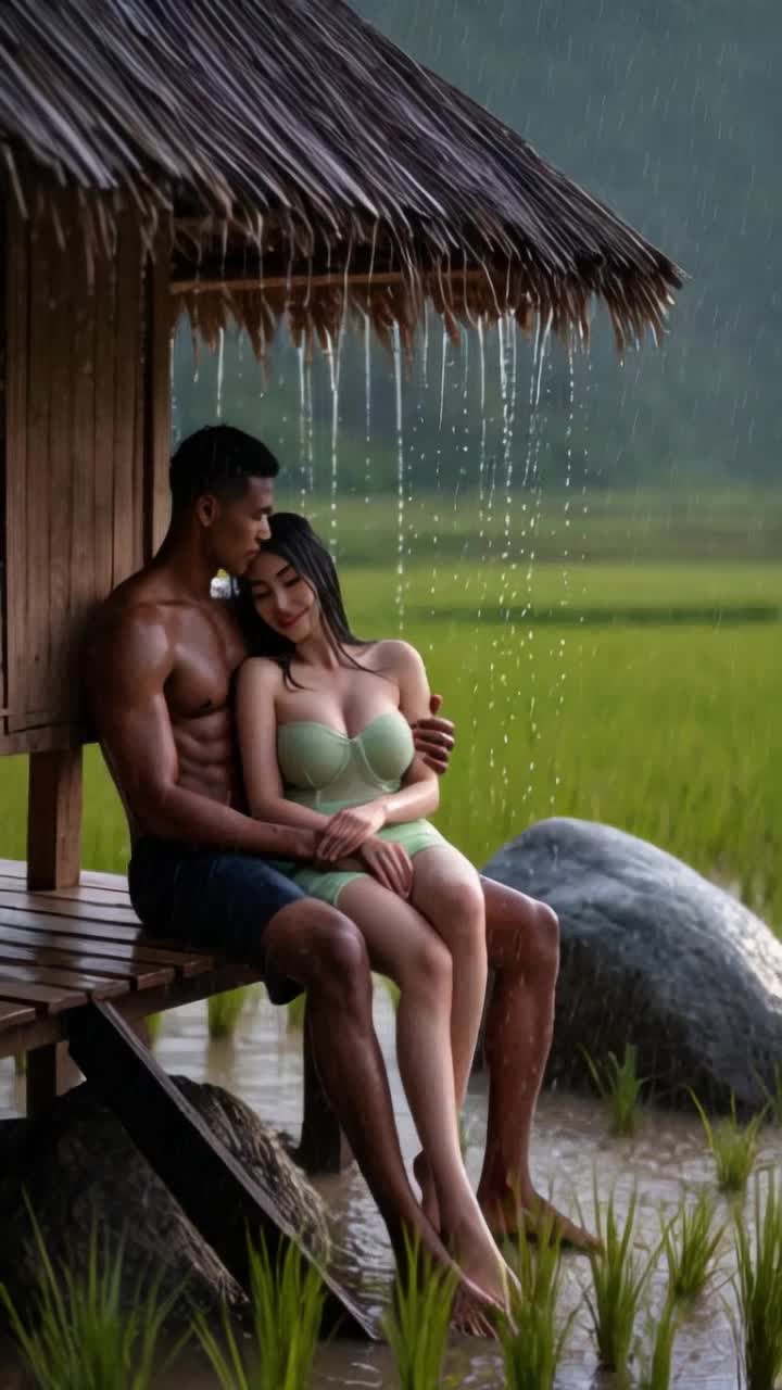 heavy rain, man hugs woman tightly romantically