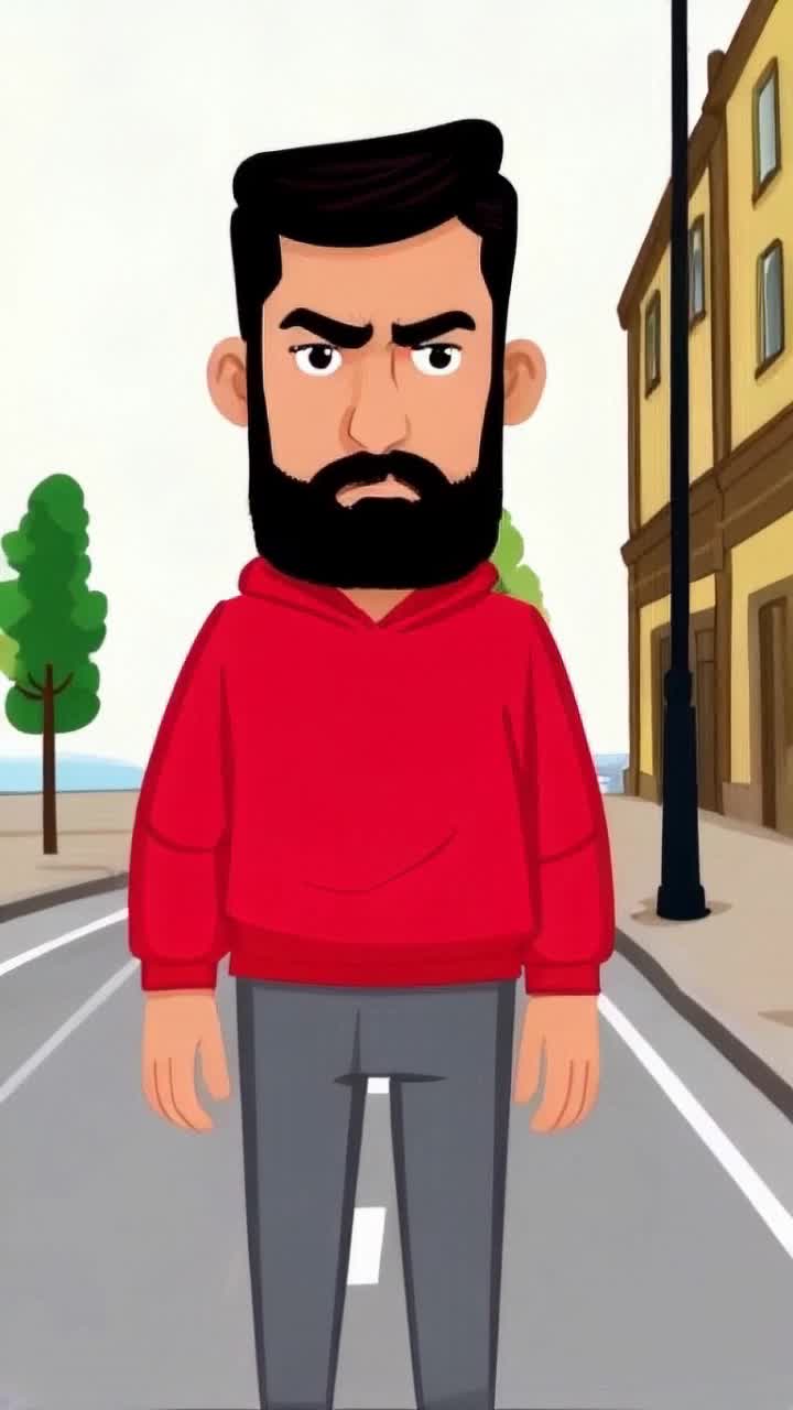 Cartoon comic dark brown skinned African American tall man in red sweatshirt and grey jogging pants standing on cartoon comic street looking stern camera close up span out shot