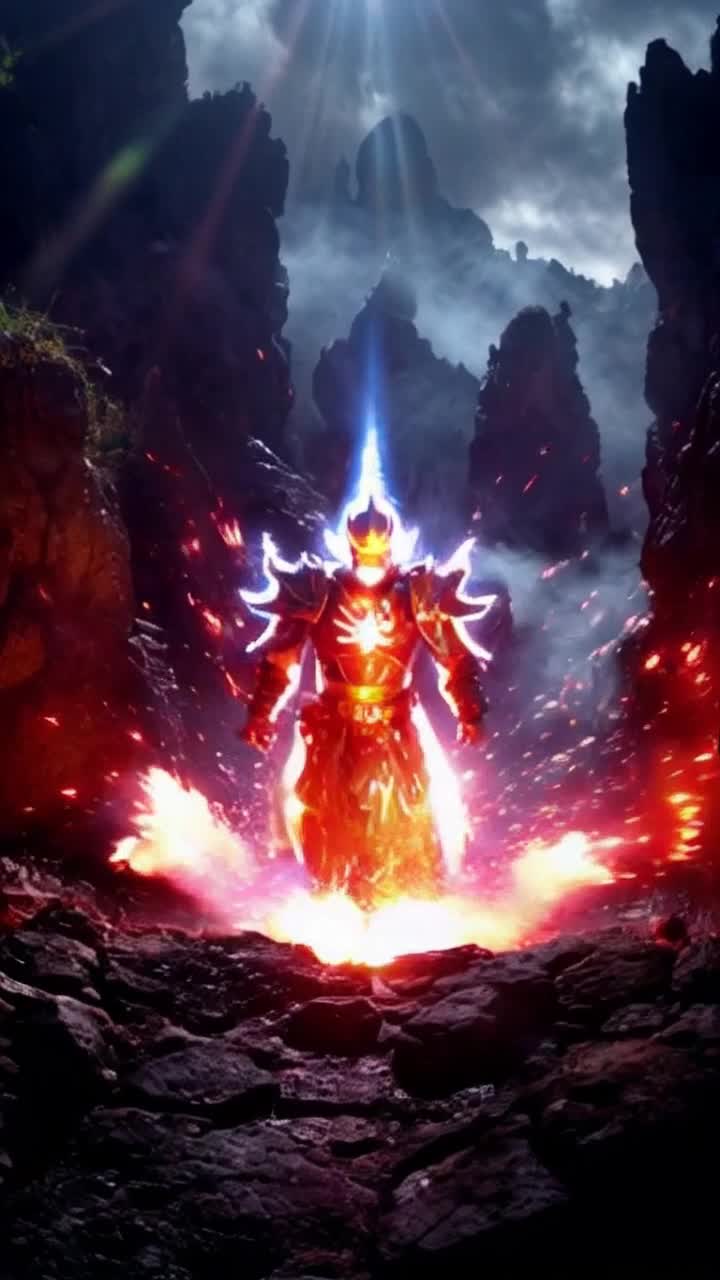 Glowing warrior radiating power strengthened by ancient wisdom surges forward unleashing unstoppable energy against dark shadows creeping closer to him Shimmering lens flare cascades over landscape illuminating jagged cliffs and swirling mist that envelops the battleground casting an ethereal glow on the intense confrontation vibrant colors colliding amidst the battle creating a realm where light clashes with darkness
